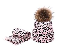 YCHUCH 2 Stücke Winter Frauen Pompon Beanie Hut Schal Set Leopard Warme Kunstpelz Pom Pom Caps Schal Hut Set
