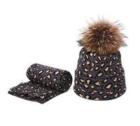 YCHUCH 2 Stücke Winter Frauen Pompon Beanie Hut Schal Set Leopard Warme Kunstpelz Pom Pom Caps Schal Hut Set