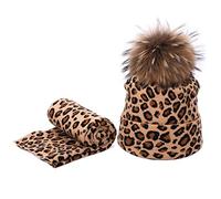 YCHUCH 2 Stücke Winter Frauen Pompon Beanie Hut Schal Set Leopard Warme Kunstpelz Pom Pom Caps Schal Hut Set
