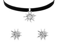 YCICHE Trachtenschmuck Damen Set, Edelweiss Kette, Strass Ohrstecker Edelweiß, Dirndl Halskette Ohrringe, Trachten Samt Kropfband, Dirndl Schmuck Accessoires, für Oktoberfest Bayerisch Dirndlschmuck