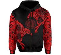 YCYR 3D Gedruckte Nordic Viking Yggdrasil Und Ravens Tattoo Trainingsanzug Hoodie, Unisex Langarm Streetwear Casual Hooded Pullover Sweatshirt,Red Zipper,L
