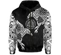 YCYR 3D Gedruckte Nordic Viking Yggdrasil Und Ravens Tattoo Trainingsanzug Hoodie, Unisex Langarm Streetwear Casual Hooded Pullover Sweatshirt,White Zipper,2XL