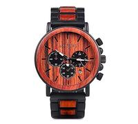 YCYR Herren Herrenuhren, Handgefertigte Vintage Ebony und Edelstahl Kombinieren Chronograph Business Casual Uhr mit Holzbox,Rot