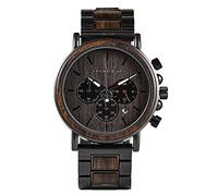 YCYR Herren Herrenuhren, Handgefertigte Vintage Ebony und Edelstahl Kombinieren Chronograph Business Casual Uhr mit Holzbox,Schwarz
