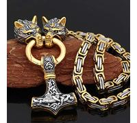YCYR Herren Viking Thors Hammer Anhänger Halskette, Vintage Nordische Mythologie Heidnischen Mjolnir Amulett Schmuck Mit 7MM Wolf Head King Kette,Mixed Gold,50CM