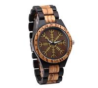 YCYR Herren Wikinger Bambus Holzuhr, Nordische Mythologie Rune Doppelte Farbabstimmung Vintage Handgemachte Quarzuhren Schmuck Geschenk mit Einstellbar Gurt,Helm of awe