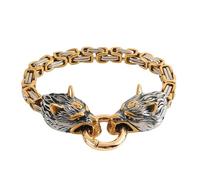 YCYR Männer Edelstahl Königskette, Nordischen Wikinger Wolfskopf Keltischen Fenrir Armband Schmuck, Handgefertigte Schnitzerei Vintage Totem Manschettenarmband,Wolf,19cm/7.48 in