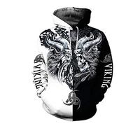 YCYR Viking 3D Tattoo Hoodies, Nordische Mythologie Odin Skull Streetwear Casual Hoody Sweatshirt, Überall Bedrucktes Unisex Langarm Pullover Sweatshirt,Hoodie,XL