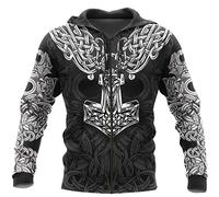 YCYR Viking 3D Thors Hammer Hoodies, Nordic Mythology All Over Tattoo Halskette Bedrucktes Pullover Sweatshirt, Unisex Langarm Streetwear Casual Hoody,Zipper,3XL