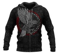 YCYR Viking Odin Crow Hoodie, 3D-Druck Thors Hammer Nordische Mythologie Rune Herren Tattoo Streetwear, Lose Paare Casual Pullover Sportswear,Zipper,XL