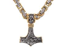 YCYR Viking Thors Hammer Halskette Für Männer Frauen, Nordischer Edelstahl Odin Keltischer Knoten Mjolnir Totem Amulett Schmuck Mit 24 Zoll Königskette,Gold
