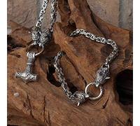 YCYR Viking Thors Hammer Schmuck Set, Nordische Mythologie Mjölnir Amulett Halskette Und Herren Vintage Handgefertigte Byzantinische Wolfskopf Armband,Silber,50CM/20IN