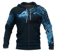 YCYR Viking Wolf Sweatshirt, Nordische Mythologie Streetwear Casual Hoody Hoodie, 3D Allover Bedrucktes Unisex Langarm Pullover Sweatshirt,Zip Blue,M