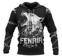 YCYR Wikinger Kapuzenpullover Hoodie 3D Gedruckte Tattoos Fenrir Wolf ist mit Ketten Gebunden Pullover Sweatshirt, Unisex Langarm Casual Mode Harajuku Streetwear,Zipper,S