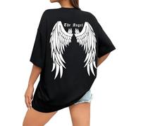 YDRABFLE Kurzarmoberteile Für Damen Dark Engel Flügel Grafische Gedruckte T-Shirts Für Frauen Lose Übergroße Kleidung T-Shirt Baumwolle-Schwarz-S