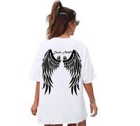 YDRABFLE Kurzarmoberteile Für Damen Dark Engel Flügel Grafische Gedruckte T-Shirts Für Frauen Lose Übergroße Kleidung T-Shirt Baumwolle-Weiß-M