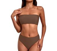 Ydsxlp Bandeau Bikini Set Damen Zweiteiler Badeanzug High Waist Trägerlos Bikini Bikini Set Damen Push up Bademode Elegant Einfarbig Triangel Bikini Swimsuit Beachwear(A Braun,L)