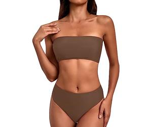Ydsxlp Bandeau Bikini Set Damen Zweiteiler Badeanzug High Waist Trägerlos Bikini Bikini Set Damen Push up Bademode Elegant Einfarbig Triangel Bikini Swimsuit Beachwear(A Braun,L)