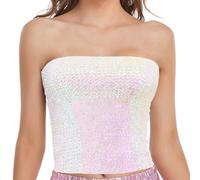 Ydsxlp Bandeau Top Damen Kurz Pailletten Glitzer Wrap Crop Top Vintage Trägerlos Tank Top Party Trägertop Damen Sexy Ärmellos Glitzer Pailletten Tube Top Party Club Outfits(B Weiß)