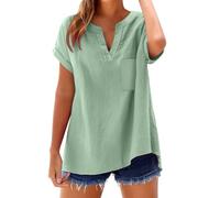Ydsxlp Baumwolle Leinen Bluse Damen Elegante Einfarbig Kurzarm Tshirt Große Größen Locker Blusen Tuniken für Damen Casual V-Ausschnitt Longbluse Oversized Leinenhemd Longshirt(C Mintgrün,5XL)