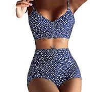 Ydsxlp Bikini Set Damen Push Up Zweiteiliger Badeanzug Knopfdetail Bikini Oberteil mit Hotpants V-Ausschnitt Bauchkontrolle Bademode Strandkleidung Hohe Taille Bikinihose für Frauen(E Blau,L)