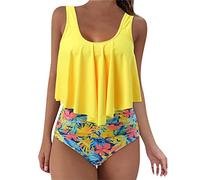 Ydsxlp Bikini Set Damen Rüschen Zweiteilige Badeanzug High Waist Bademode Bikinihose mit Hoher Taille und Tankini Oberteil Casual Bedruckt Badeanzug Strandkleidung(E Gelb,L)