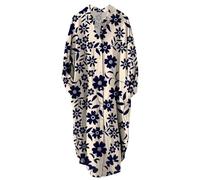 Ydsxlp Blusekleid Damen Große Größen Shirtkleid Sommer Blumen Drucken Langarm Midi Kleider Casual V-Ausschnitt mit Knöpfen Revers Hemdkleid Bequeme Locker Freizeitkleider(K Dunkelblau,3XL)