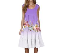 Ydsxlp Blusenkleid Damen Große Größen Sommerkleid Vintage Blumen Druck Ärmellose Freizeitkleid Summer U-Ausschnitt Strapskleid Locker Knielang Strandkleider Plissee Tunikakleid(D Lila,XL)