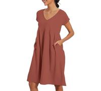 Ydsxlp Blusenkleid Damen Große Größen V-Ausschnitt/Rundhals Leinenkleid Elegant Einfarbig Kurzarm Sommerkleid Casual Leinen Baumwolle Shirtkleid Leicht Luftig Freizeitkleid(A Khaki,L)