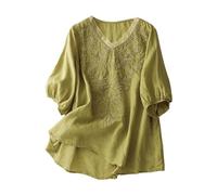 Ydsxlp Blusenshirt Damen Elegant Sommer Blumen Besticktes Baumwolle Leinen Blusen Elegant Einfarbig 3/4 Ärmel Tshirt Tunika Lässiges Rundhals Damenblusen Lose T-Shirt Oberteile Tops(D Gelb,XXL)