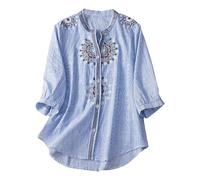 Ydsxlp Blusenshirt Damen Elegant Sommer Blumen Besticktes Baumwolle Leinen Blusen Elegant Einfarbig 3/4 Ärmel Tshirt Tunika Lässiges Rundhals Damenblusen Lose T-Shirt Oberteile Tops(C Blau,XL)