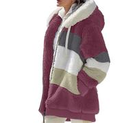 Ydsxlp Fleecejacke Hoodie Damen Winter Warm Teddy-Fleece Kapuzenpullover Große Größen Kapuzenjacke Winterjacke Mode Patchwork Plüschjacke Casual Kuscheljacke Teddyjacke Mit Taschen(Rot,5XL)
