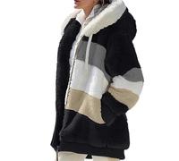 Ydsxlp Fleecejacke Hoodie Damen Winter Warm Teddy-Fleece Kapuzenpullover Große Größen Kapuzenjacke Winterjacke Mode Patchwork Plüschjacke Casual Kuscheljacke Teddyjacke Mit Taschen(Schwarz,M)