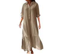 Ydsxlp Freizeitkleider Damen Große Größen Leinenkleid V-Ausschnitt Revers Blusenkleid Lange Tunika Kleid Casual Baumwolle Leinen Kleider mit Knopfleiste Bequeme Langarm Blusenkleid(A Khaki,L)