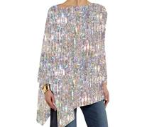 Ydsxlp Glitzer Langarmshirt Damen Oversize Rundhals Langarm Pailletten Sweatshirt Elegant Festlich Bluse Abend Party Glitzertop Oberteile Schön Glänzend Pailletten Tshirt Tops(A Silber,L)