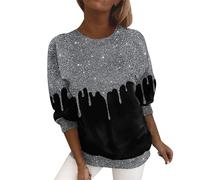 Ydsxlp Glitzer Oberteile Damen Große Größe Langarmshirt Frühling Farbverlauf Pailletten Druck Sweatshirt T Shirt Rundhals Langarm Pullover Bequeme Bluse Tunika Tops(E Silber,XXL)