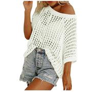 Ydsxlp Häkelpullover Damen Kurzarm Schulterfrei Häkel Netzoberteil Sommer Einfarbig Hollow Out Crochet Häkeltop Oversize Rundhals T-Shirt Leicht Locker Sandstrand Strickpullover (A-Weiß,3XL)