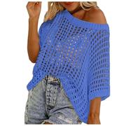 Ydsxlp Häkelpullover Damen Kurzarm Schulterfrei Häkel Netzoberteil Sommer Einfarbig Hollow Out Crochet Häkeltop Oversize Rundhals T-Shirt Leicht Locker Sandstrand Strickpullover (A-Blau,M)