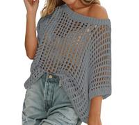 Ydsxlp Häkelpullover Damen Kurzarm Schulterfrei Häkel Netzoberteil Sommer Einfarbig Hollow Out Crochet Häkeltop Oversize Rundhals T-Shirt Leicht Locker Sandstrand Strickpullover (A-Grey,3XL)