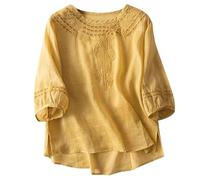 Ydsxlp Leinenbluse Damen Oversize Baumwolle Leinen Leinenhemd Sommer Rundhals 3/4 Arm Leinenshirt Boho Besticktes Bluse Elegant Einfarbig Leinen Tshirt Leicht Luftig Sommerblusen (Gelb,L)