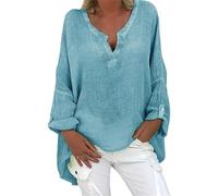 Ydsxlp Leinenbluse Damen Sommer Einfarbig V-Ausschnitt Langarmshirt Leinen Baumwolle Hemd Große Größen Bluse Teenager Mädchen Sommeroberteile Leinenhemd T-Shirts Oberteile Tunika Tops(A d-1,L)