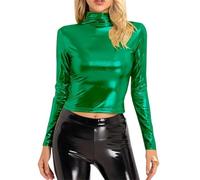 Ydsxlp Metallic Langarmshirts Damen Elegant Einfarbig Glänzend Metallische Bluse Glänzendes Rollkragen Langarm Crop Top Karneval Festival Kostüm Oberteile Slim Fit Party Club Shirt Tops(A Grün,L)
