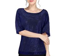 Ydsxlp Pailletten Bluse Damen Elegant Glitzer Shirt 3/4 Arm Festlich Oberteile Freizeit Rundhals Kurzarm Glitzer Party T-Shirt Große Größen Hemd Festival Party Club Tunika Tops(A Dunkelblau,5XL)