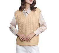 Ydsxlp Pullunder Damen Oversize Einfarbig Ärmellos Strick Casual Pullunder Strickweste Herbst V-Ausschnitt Stricken Weste Pullunder Casual Strick Tank Top Sweater Freizeit Pullunder(A Khaki,XS)