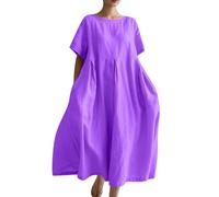 Ydsxlp Sommerkleid Damen Elegant Sommer Einfarbig Kurzarm Blusenkleid Casual Kurzärmliges T-Shirt Kleid Leinenkleid Damen Locker A-Linien Kleider Strandkleid Lose Maxikleid mit Taschen(D Lila,XL)