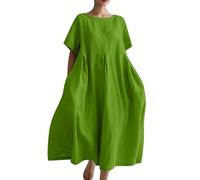 Ydsxlp Sommerkleid Damen Elegant Sommer Einfarbig Kurzarm Blusenkleid Casual Kurzärmliges T-Shirt Kleid Leinenkleid Damen Locker A-Linien Kleider Strandkleid Lose Maxikleid mit Taschen(D Grün,5XL)