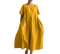 Ydsxlp Sommerkleid Damen Elegant Sommer Einfarbig Kurzarm Blusenkleid Casual Kurzärmliges T-Shirt Kleid Leinenkleid Damen Locker A-Linien Kleider Strandkleid Lose Maxikleid mit Taschen(C Gelb,5XL)