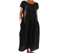 Ydsxlp Sommerkleid Damen Große Größen Casual Rundhalsausschnitt Kurzarm Leinenkleider Elegant Sommer Einfarbig Tshirt Kleid Freizeitkleid mit Taschen Lange Strandkleider(A Schwarz,5XL)