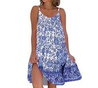 Ydsxlp Sommerkleid Damen Retro Blumen Druck MiniKleid Sommer Lässig Spaghetti Trägerkleid Swing Trägerkleid U-Ausschnit Ärmellos Tunika Tank Kleid Leichte Lose Strandkleid Freizeitkleid