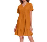 Ydsxlp Sommerkleid für Damen Große Größen V-Ausschnitt Rüschen Saum Blusenkleid Elegant Einfarbig Kurzarm Freizeitkleid Leicht Plissee Strandkleider Knielang A Linie Swing Kleider(B Orange,M)